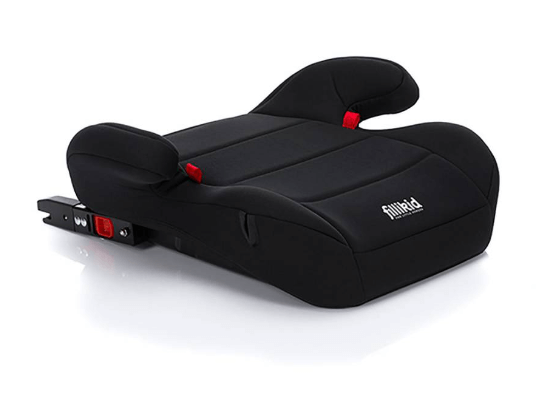 A black baby car seat with red accents, designed as a booster seat